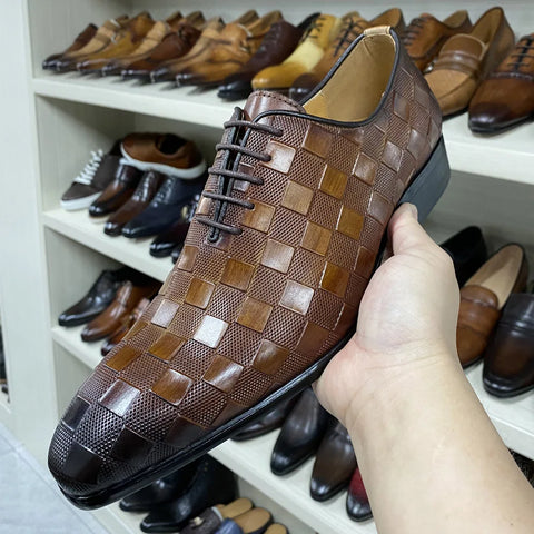 Men Fashion Plaid Print Lace-Up Oxford Shoes