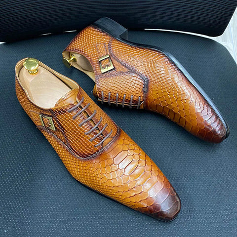 Genuine Leather Snake Print Men's Dress Shoes