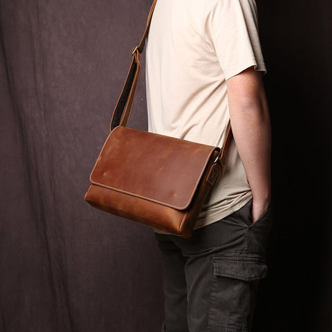 Men's Retro Crazy Horse Cowhide Leather Shoulder Bag