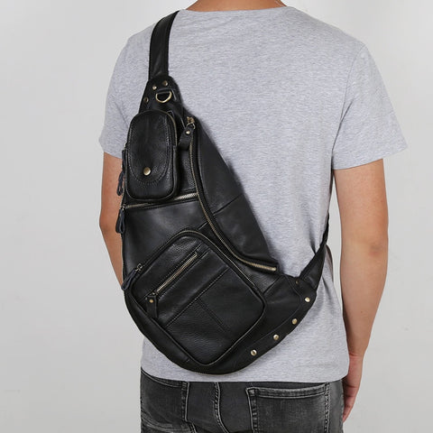 Top Layer Cowhide Leather Men's Retro Chest Bag