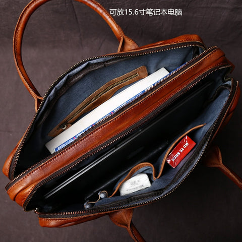 Vegetable Tanned Leather Zipper Briefcase