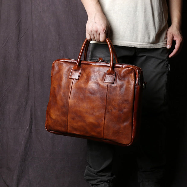 Vegetable Tanned Leather Zipper Briefcase