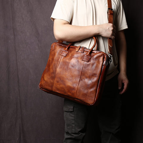 Vegetable Tanned Leather Zipper Briefcase