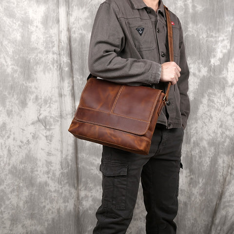 Men's Retro Crazy Horse Cowhide Leather Shoulder Bag