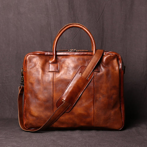 Vegetable Tanned Leather Zipper Briefcase